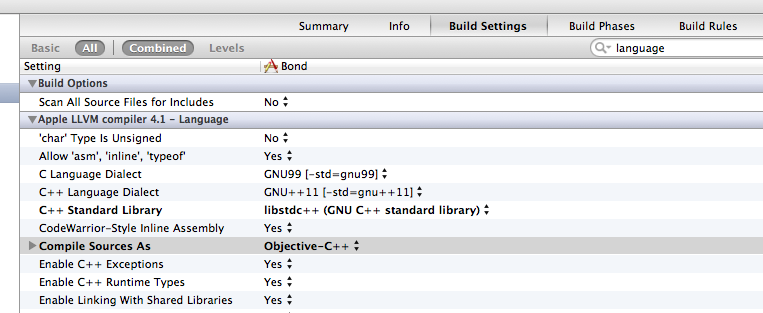 Xcode C++ settings, oct. 2012